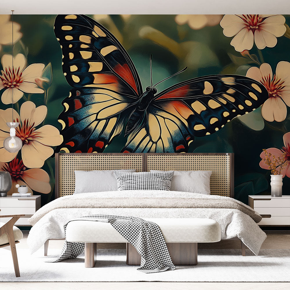 Butterfly wall mural creating a stunning focal point in a bright living room with modern furniture