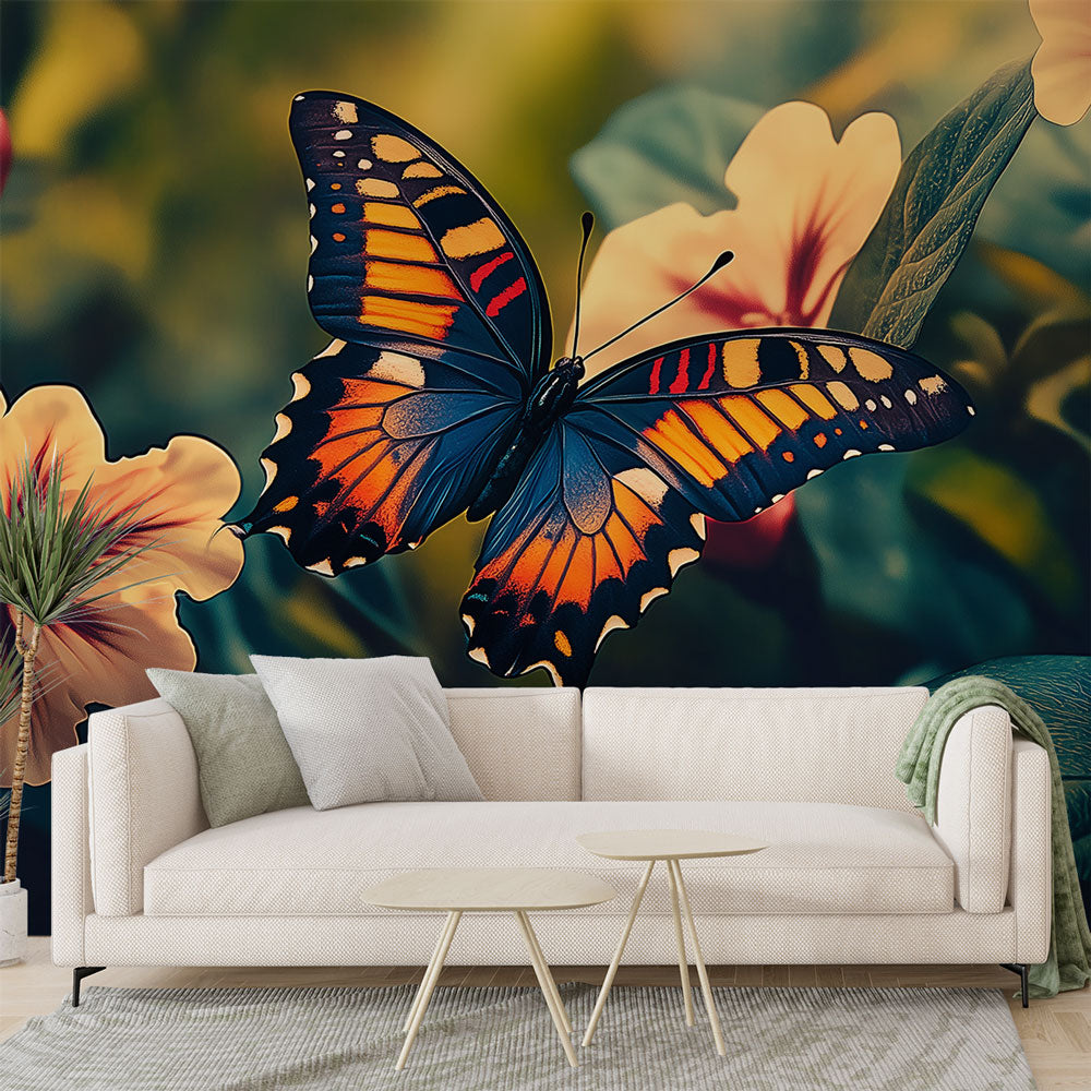 Butterfly wall mural creating a peaceful atmosphere in a bright living room with natural light and modern furniture