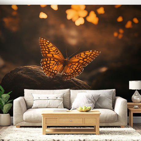 Butterfly mural wallpaper creating a warm glow in a modern living room, orange and gold tones complementing neutral decor