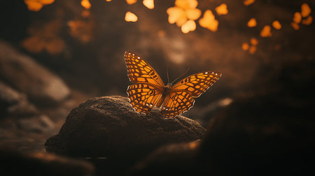 Monarch butterfly design file showing intricate wing pattern details and golden sunset backdrop