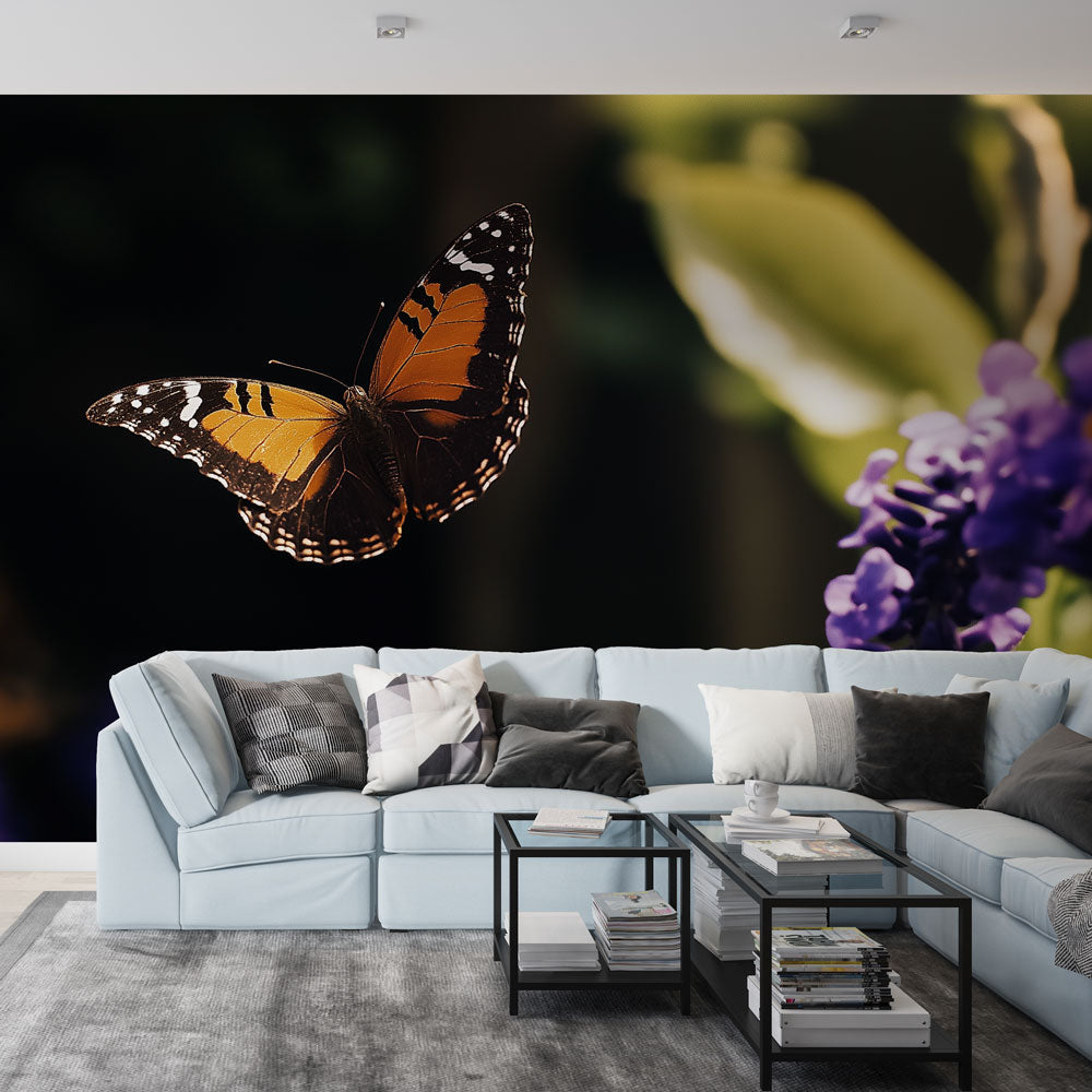 Butterfly wall mural creating a magical focal point in a modern living room, purple and orange tones adding warmth