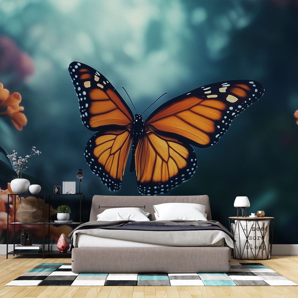 Butterfly wallpaper mural in a bright modern living room, showing Monarch butterfly design creating a fresh garden atmosphere