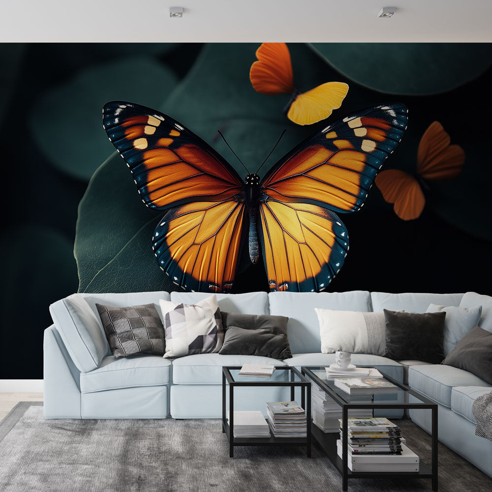 Butterfly wall mural creating a dramatic accent wall in a modern living room with emerald and orange tones