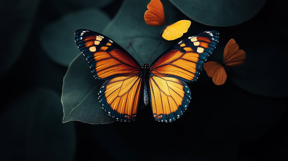 Monarch butterfly wallpaper design file showing intricate wing patterns on deep forest background