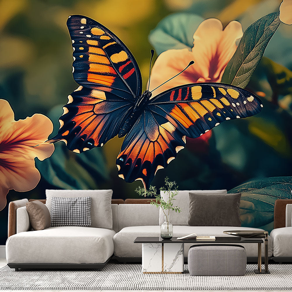 Beautiful Butterfly Garden Mural Wallpaper in bright modern living room, creating a natural focal point with orange Monarch design