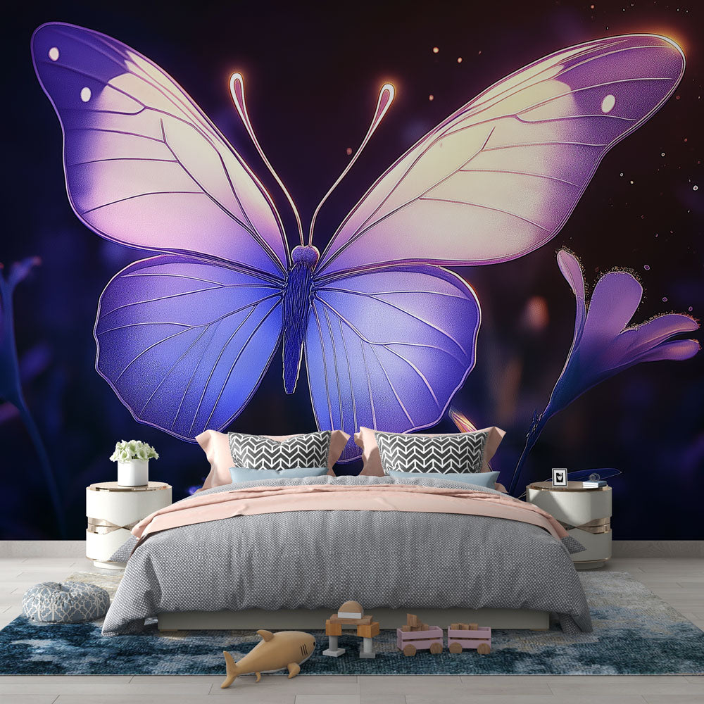Purple butterfly wallpaper creating a magical atmosphere in a modern bedroom, soft lighting enhancing the mystical night garden design