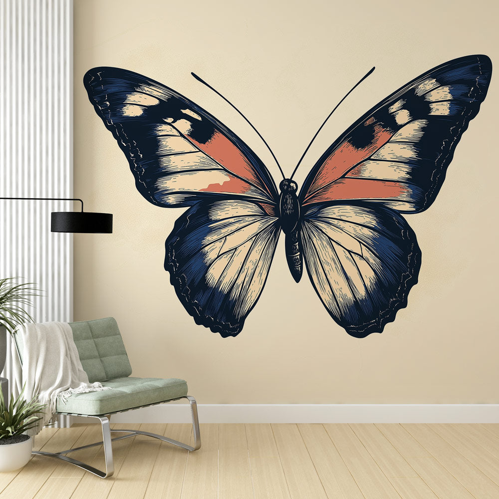 Butterfly wall mural in modern living room showing large navy blue and terracotta wings creating dramatic focal point