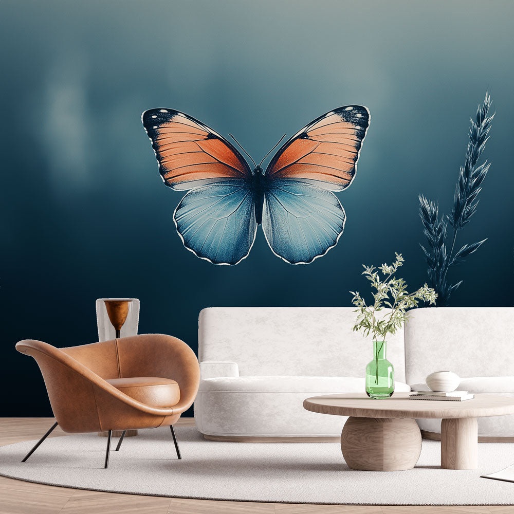 Beautiful Butterfly Wall Mural showcased in a bright modern living room, orange and blue wings creating a stunning focal point