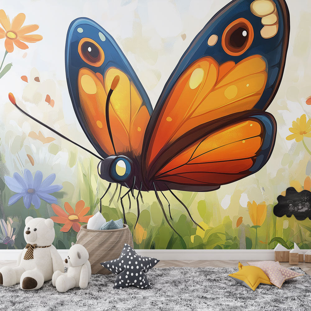 Butterfly wall mural creating a peaceful atmosphere in a bright living room with modern furniture