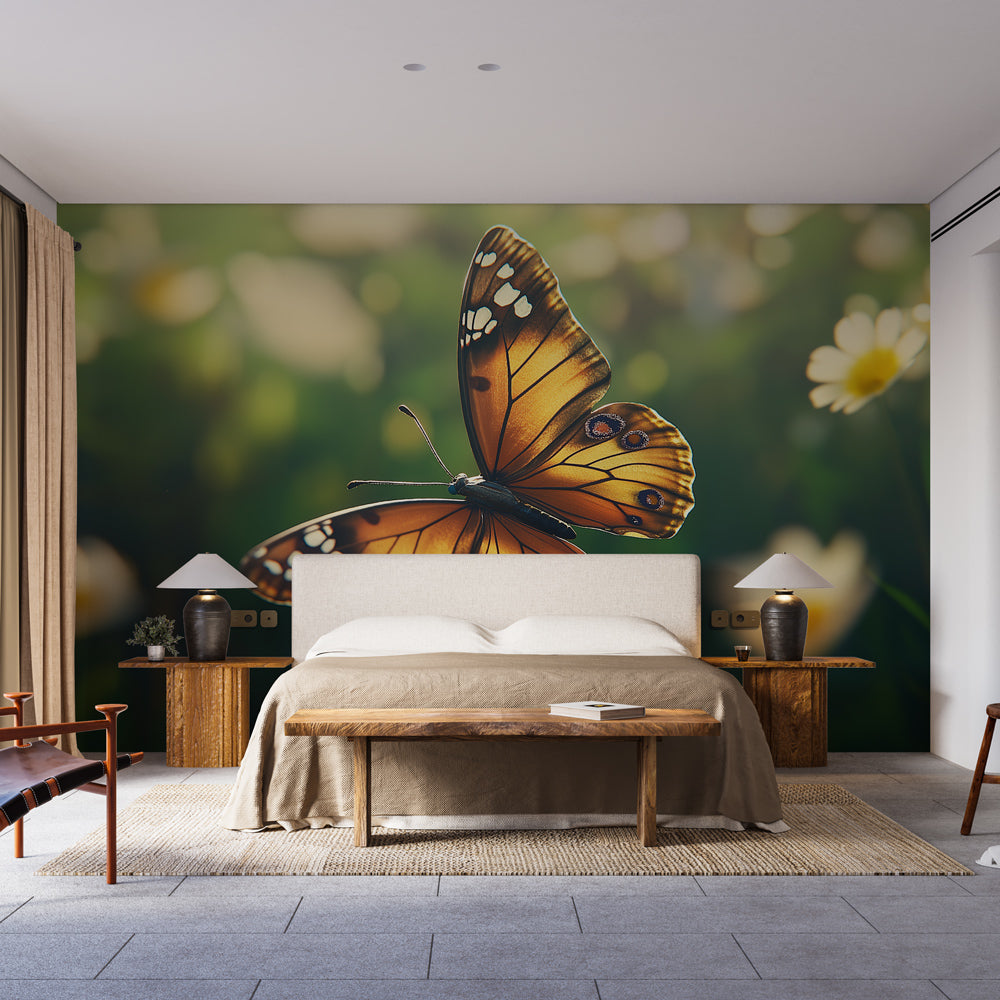 Butterfly wall mural bringing natural beauty to a bright living room, orange Monarch design creating depth and warmth