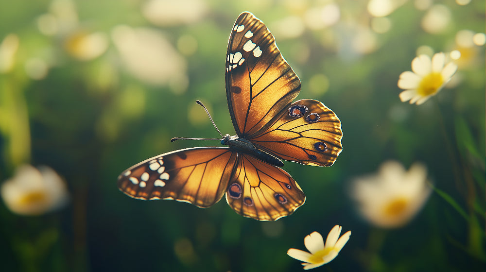 Monarch butterfly garden design file showing detailed wing patterns and soft bokeh effects