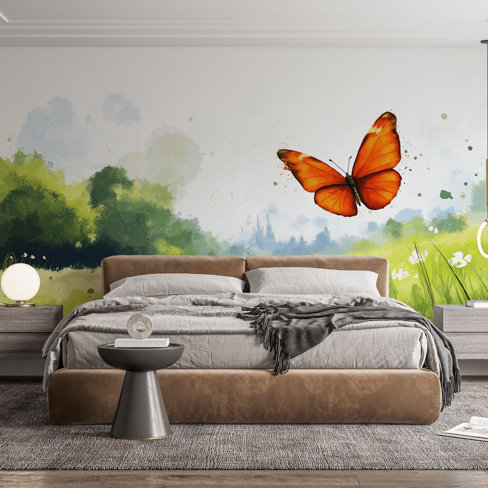 Butterfly wall mural creates a stunning focal point in a bright living room, showing the Monarch butterfly design in natural daylight