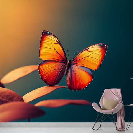 Orange Butterfly Mural Wallpaper creating a stunning focal point in a modern living room with natural light