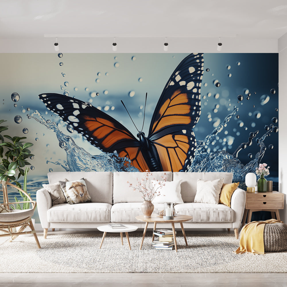 Butterfly wall mural with orange Monarch in water splash, creating a dramatic focal point in a bright modern living room