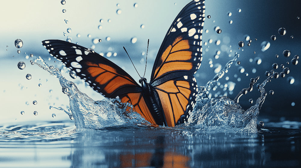 Monarch butterfly wallpaper design file showing detailed water splash pattern and vibrant orange wings