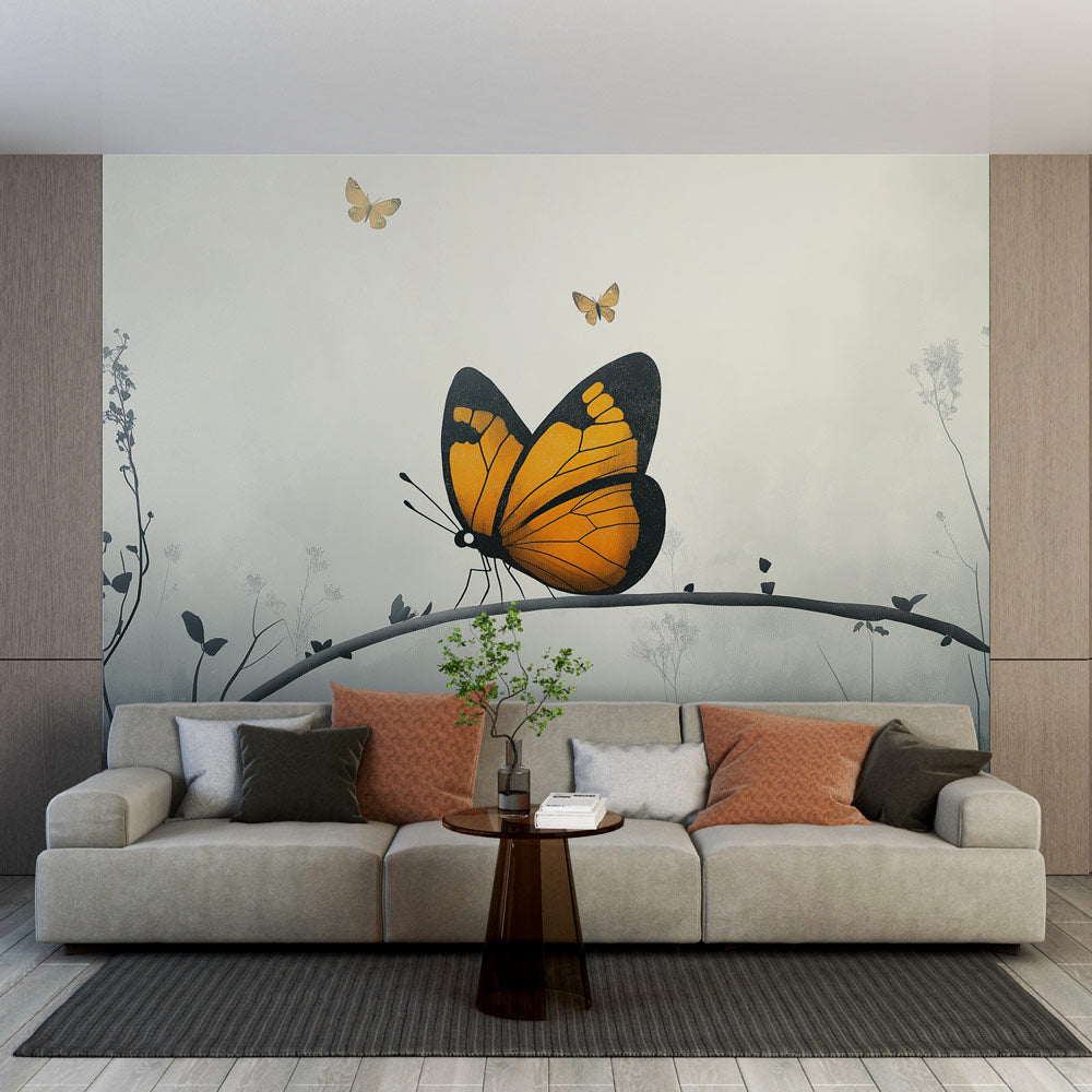 Butterfly wallpaper mural with orange monarch creating a stunning focal point in a bright modern living room setting
