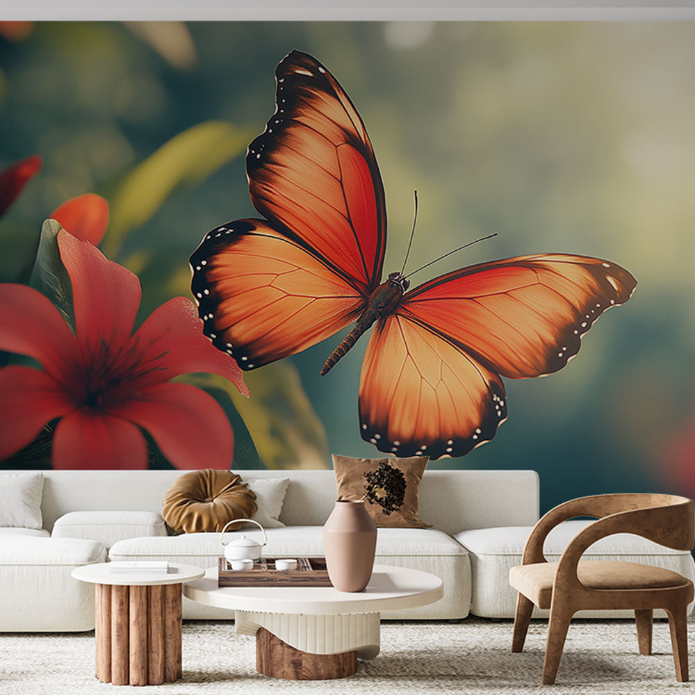 Butterfly wall mural with orange Monarch design creating a warm atmosphere in a bright living room setting