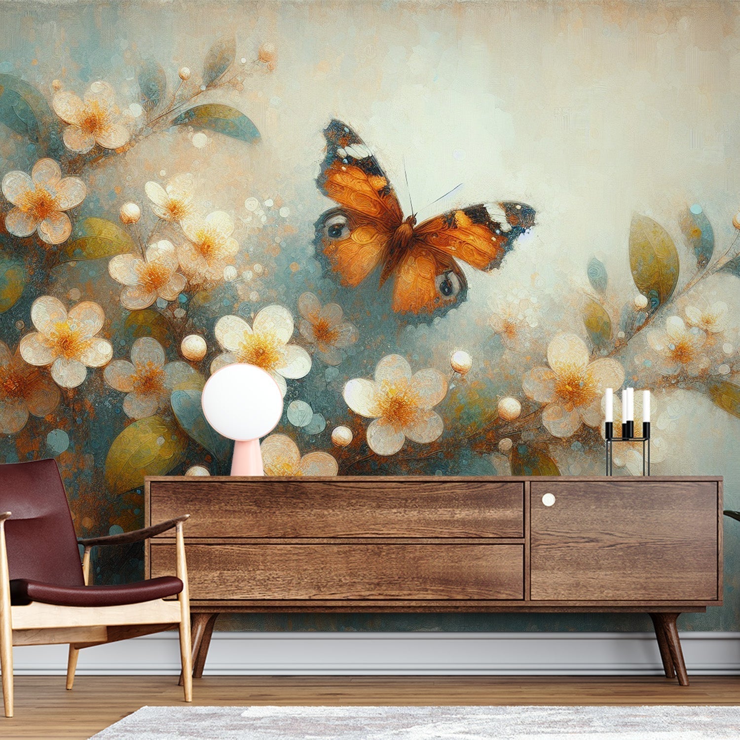 Butterfly wall mural with orange wings and cherry blossoms creating a peaceful atmosphere in a bright modern bedroom