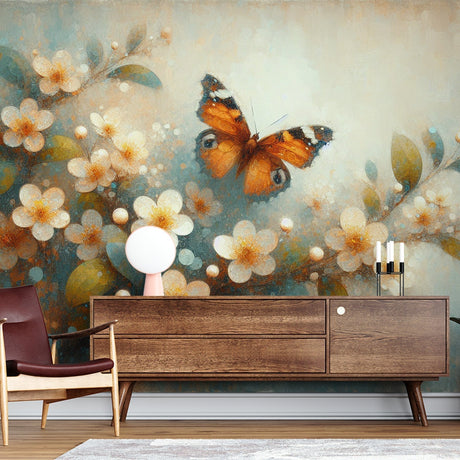 Butterfly wall mural with orange wings and cherry blossoms creating a peaceful atmosphere in a bright modern bedroom