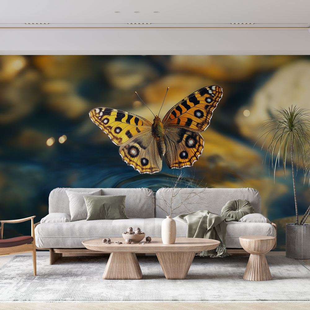 Butterfly wallpaper mural creating a peaceful atmosphere in a modern living room with natural light and minimal furniture