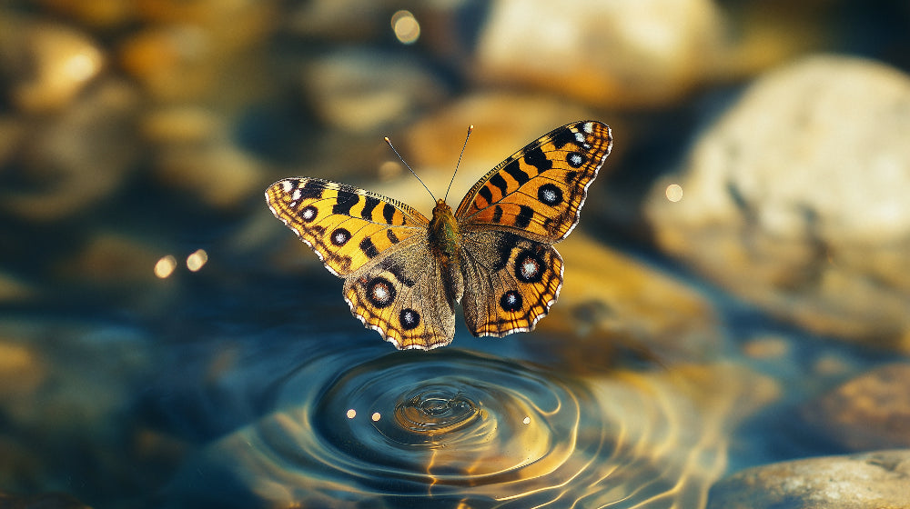 Orange butterfly over water design file showing detailed wing patterns and ripple effects