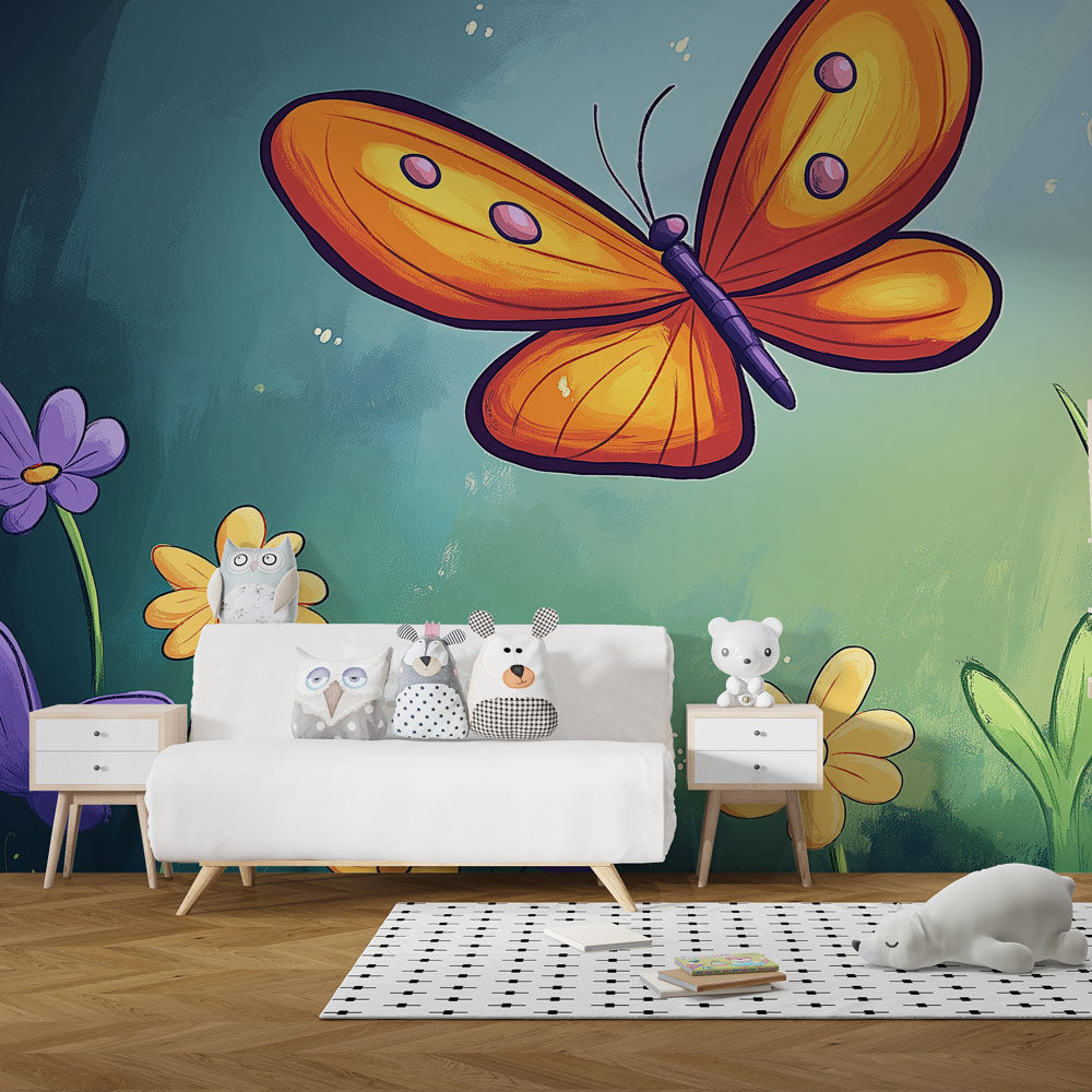 Butterfly wall mural with orange wings bringing warmth to a modern living room with gray furniture