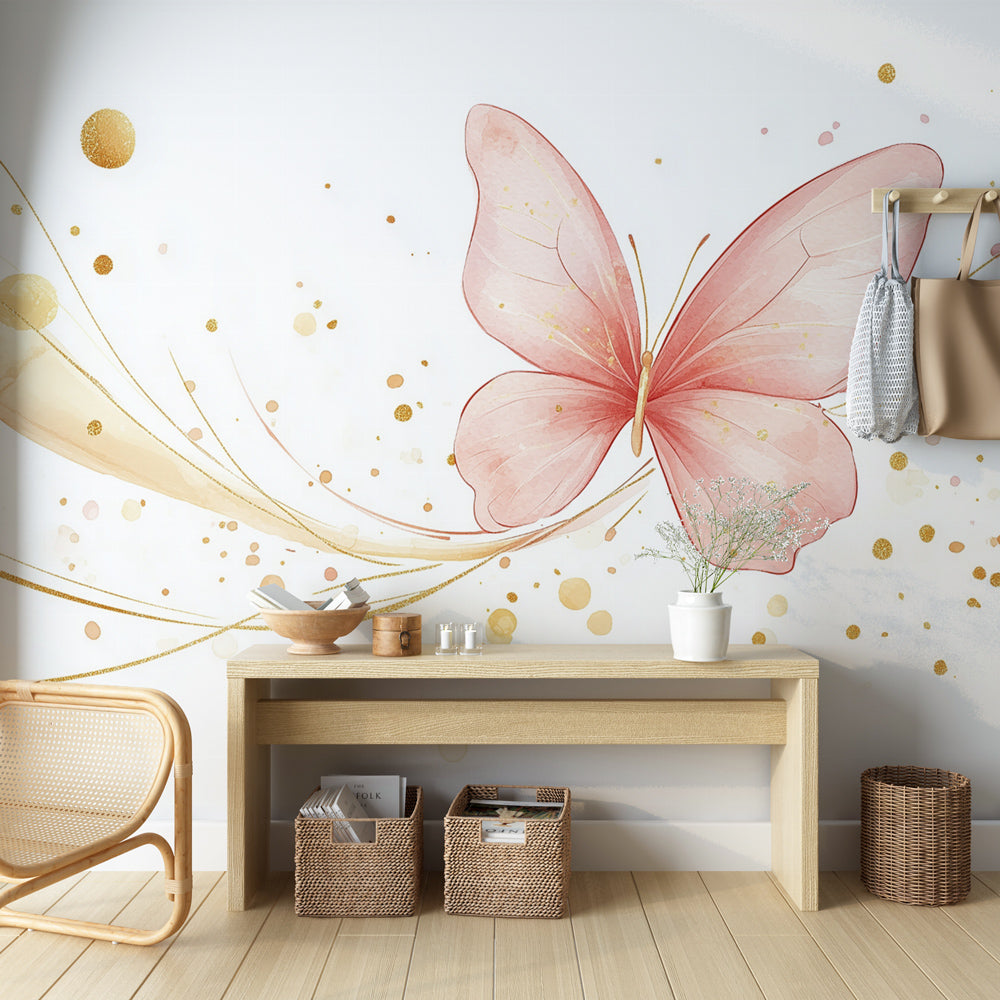 Pink and gold butterfly wallpaper mural creating an elegant atmosphere in a bright modern bedroom with natural light