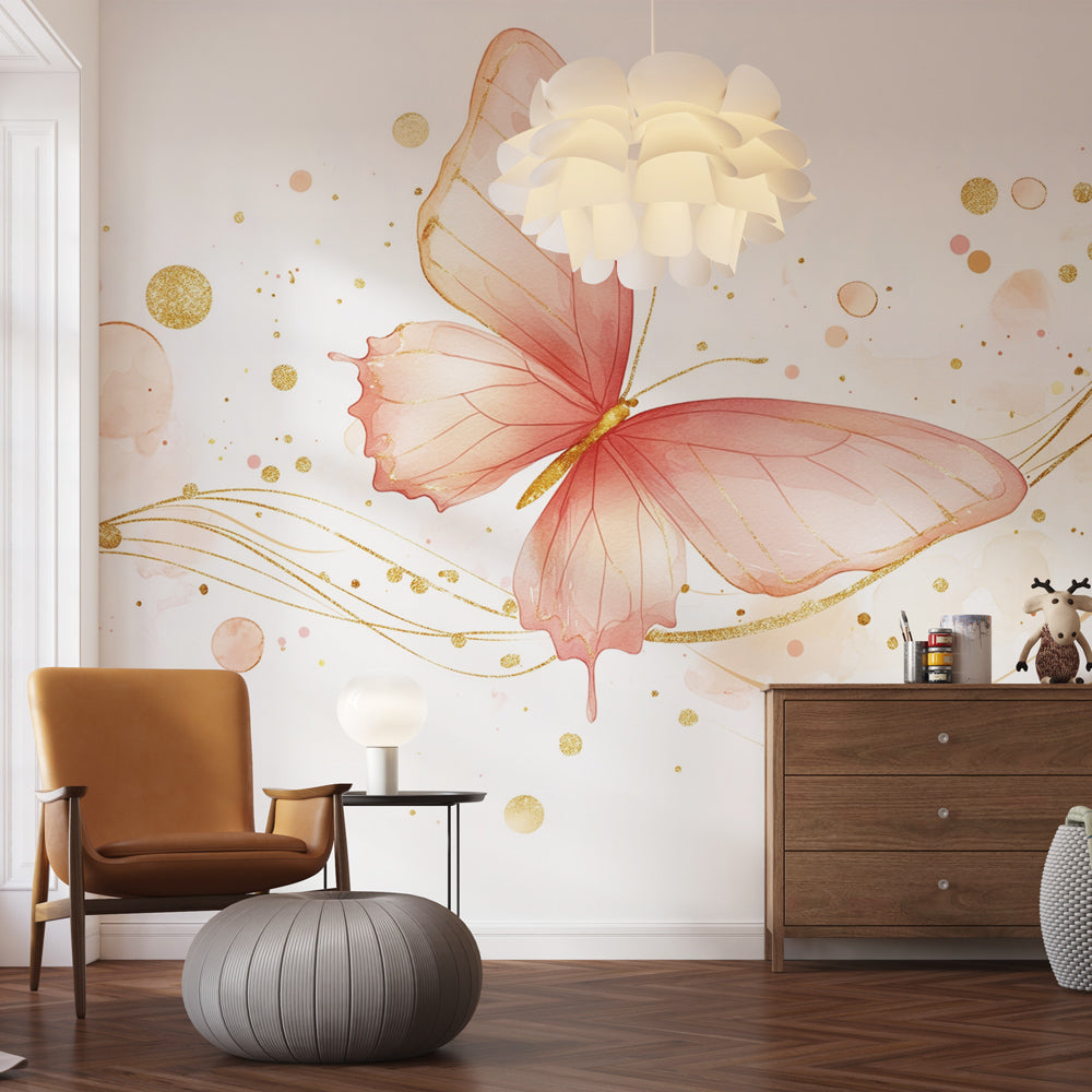 Pink and gold butterfly wallpaper in a bright girl's bedroom, creating a magical atmosphere with soft watercolor effects