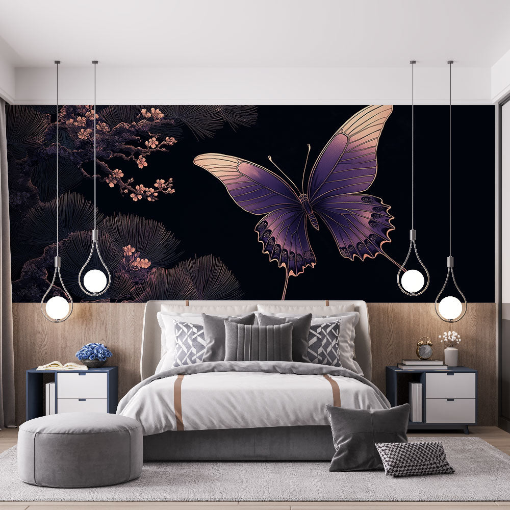 Butterfly wallpaper mural with purple and gold design creating a peaceful atmosphere in a modern living room