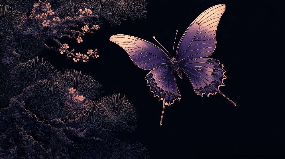 Japanese garden butterfly wallpaper design file showing intricate purple and gold pattern