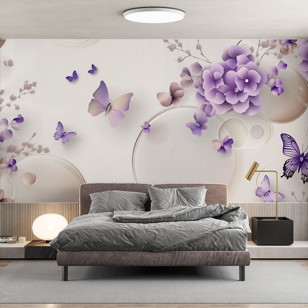 Purple Butterfly Wall Mural creating a stunning focal point in a bright modern living room with white furniture