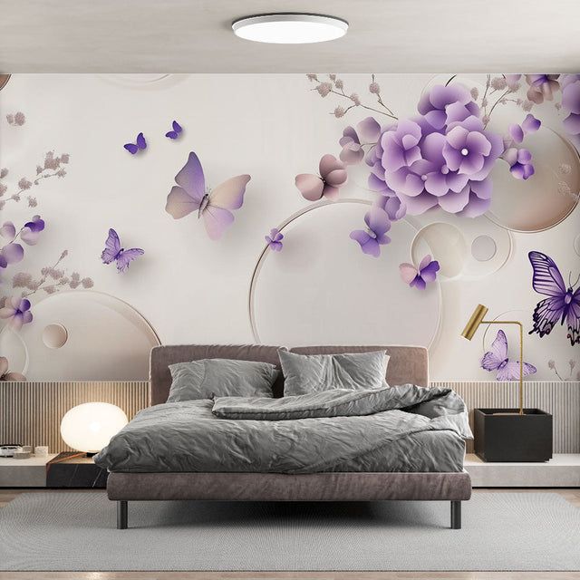 Purple Butterfly Wall Mural creating a stunning focal point in a bright modern living room with white furniture