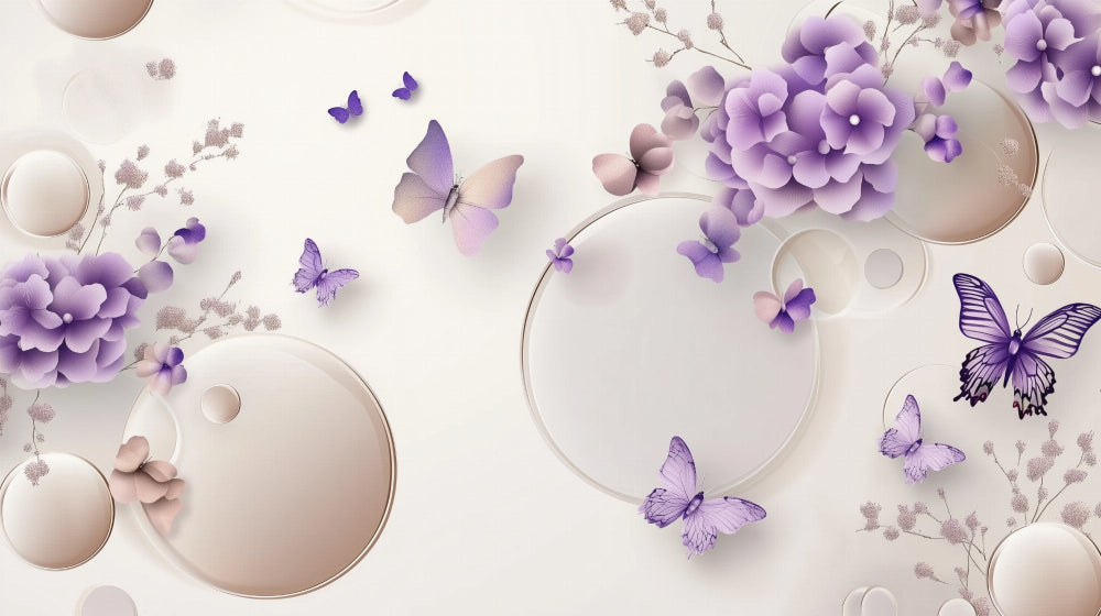 Butterfly Mural Wallpaper design file showing detailed purple butterflies and 3D floral circles pattern