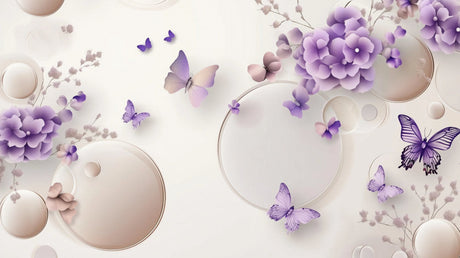 Butterfly Mural Wallpaper design file showing detailed purple butterflies and 3D floral circles pattern