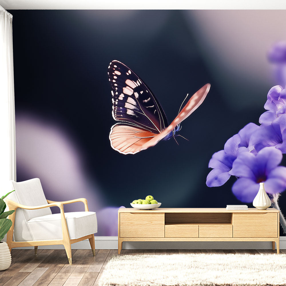 Purple Butterfly Mural Wallpaper creating a dreamy atmosphere in a bright modern bedroom