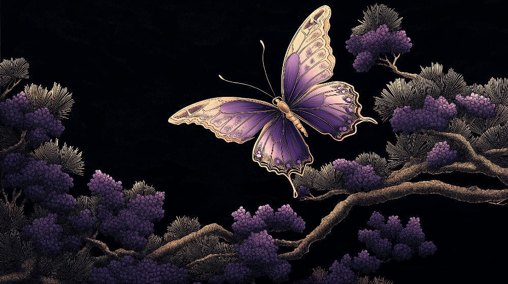 Purple butterfly wallpaper mural creating a stunning focal point in a modern living room with ambient lighting