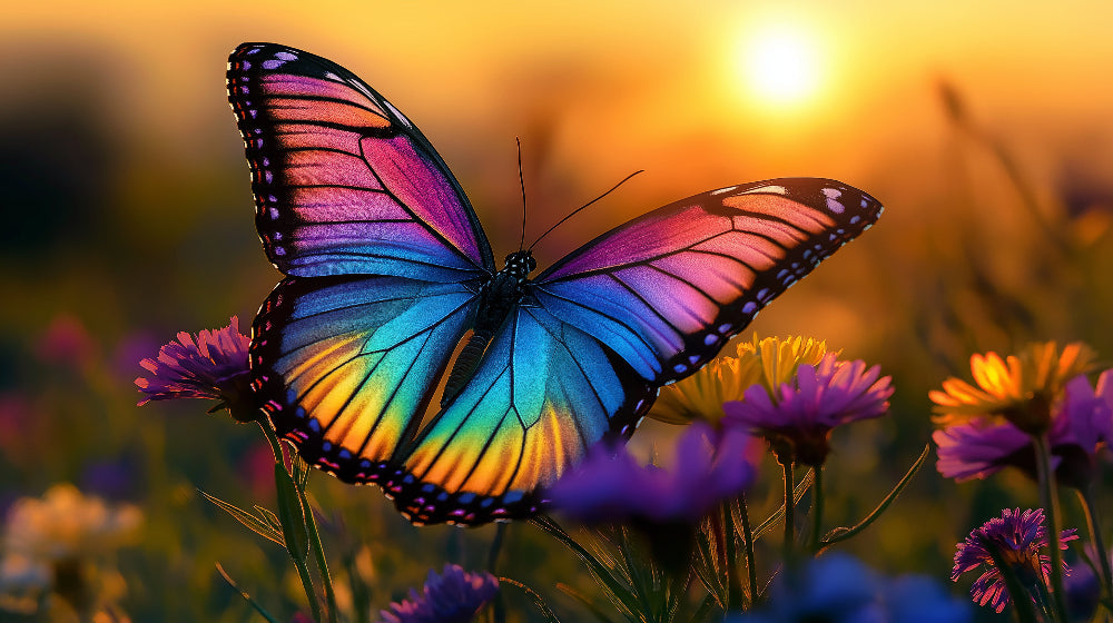 Butterfly mural wallpaper with rainbow wings brightening a kid's bedroom, creating a happy and dreamy atmosphere