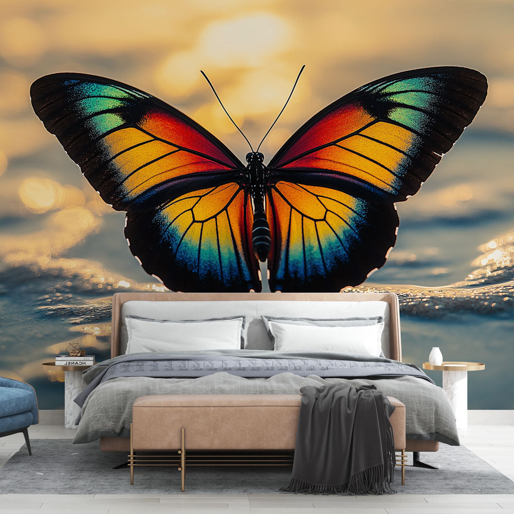 Butterfly wallpaper mural with rainbow wings creating a warm, golden glow in a modern living room setting