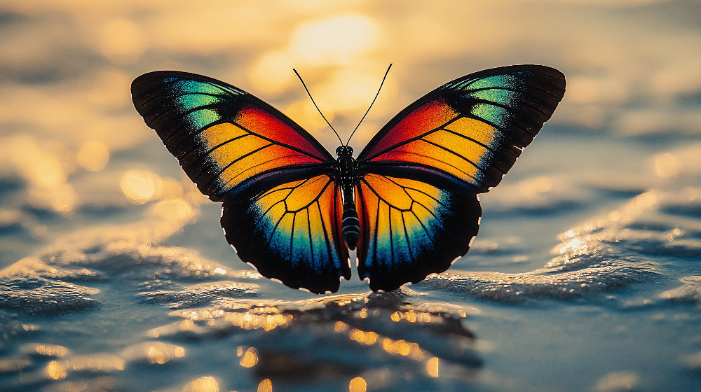 Butterfly mural wallpaper design file showing detailed rainbow wings pattern on golden water background