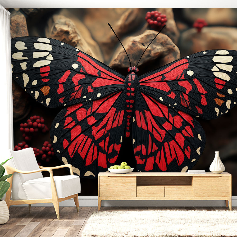 Red Monarch Butterfly wallpaper mural in a modern living room, creating a bold and dramatic focal point