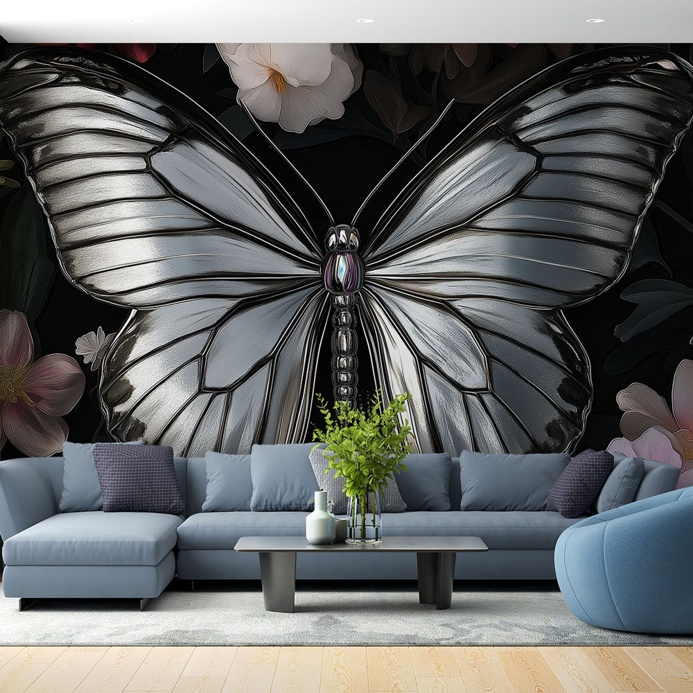 Silver Butterfly wallpaper mural creating a stunning accent wall in a modern dining room with soft lighting