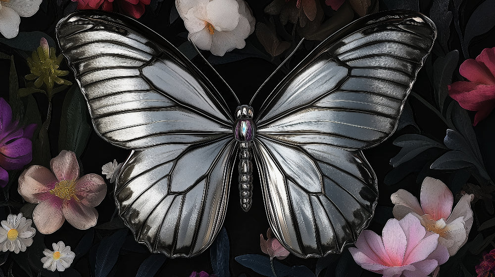 Butterfly wallpaper design file showing intricate silver wings pattern on dark floral background