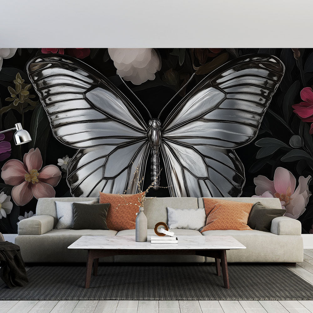 Butterfly wallpaper with silver wings and pink flowers creating a magical atmosphere in a modern living room