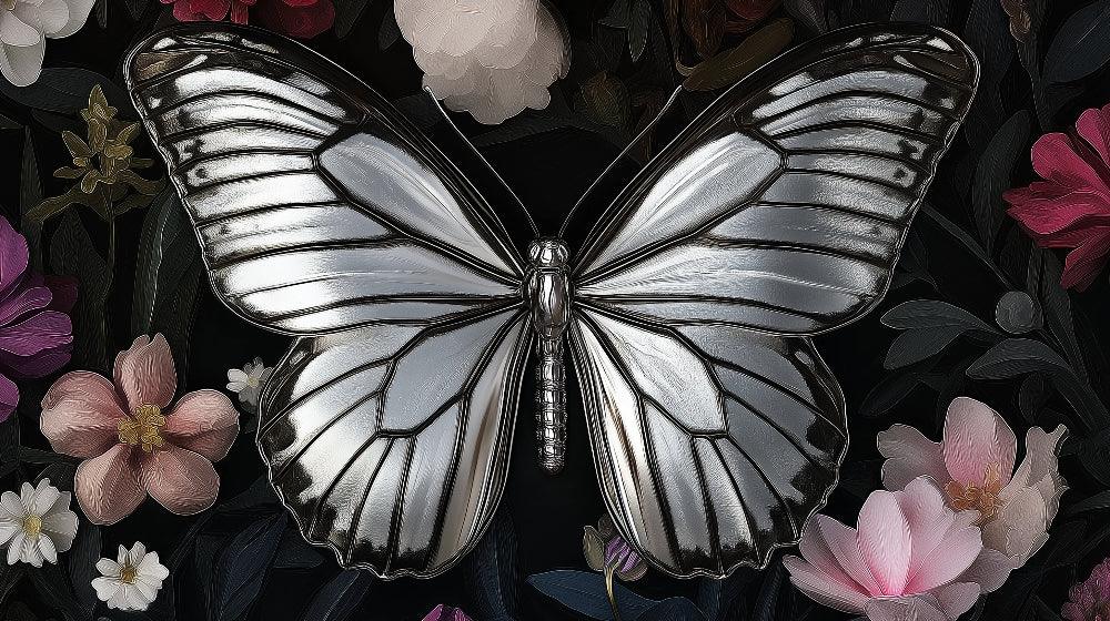 Silver butterfly wallpaper design file showing detailed wing patterns and pink floral elements