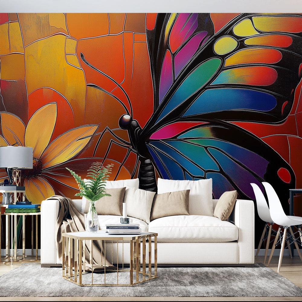 Butterfly stained glass wallpaper mural creating a stunning focal point in a modern living room with natural light