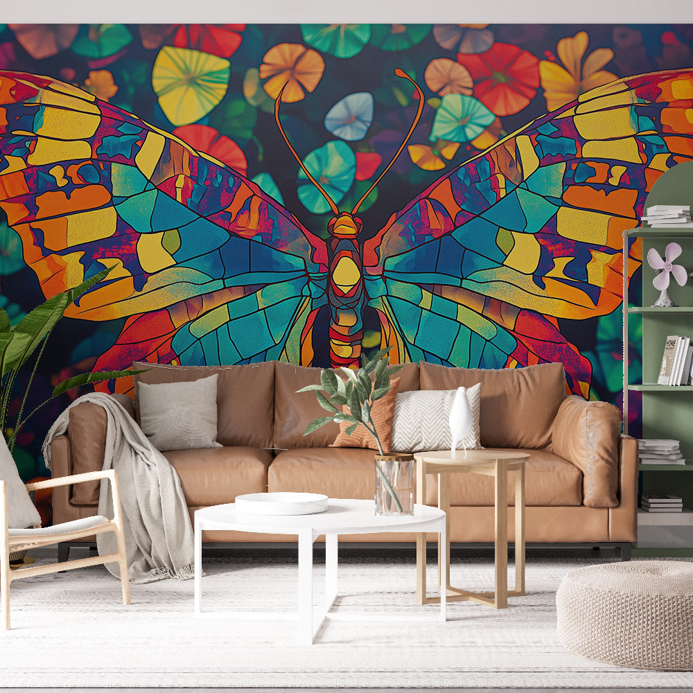 Butterfly geometric wallpaper creating stunning light effects in a modern home office with floor-to-ceiling windows