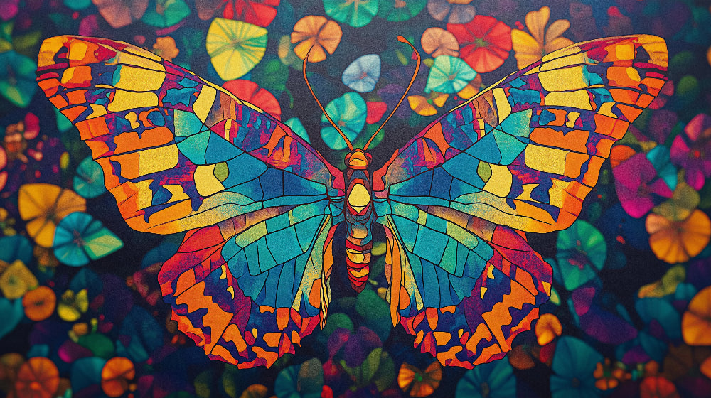 Stained glass butterfly wallpaper design file showing intricate geometric pattern and vibrant color palette