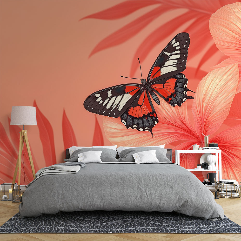 Butterfly and hibiscus mural wallpaper creating a bright, airy feel in a modern living room with natural light