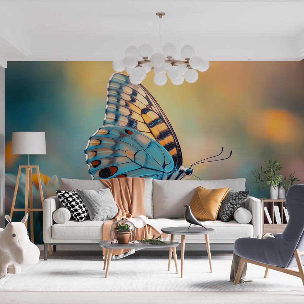 Butterfly wallpaper mural creating a stunning focal point in a bright modern living room with minimal furniture