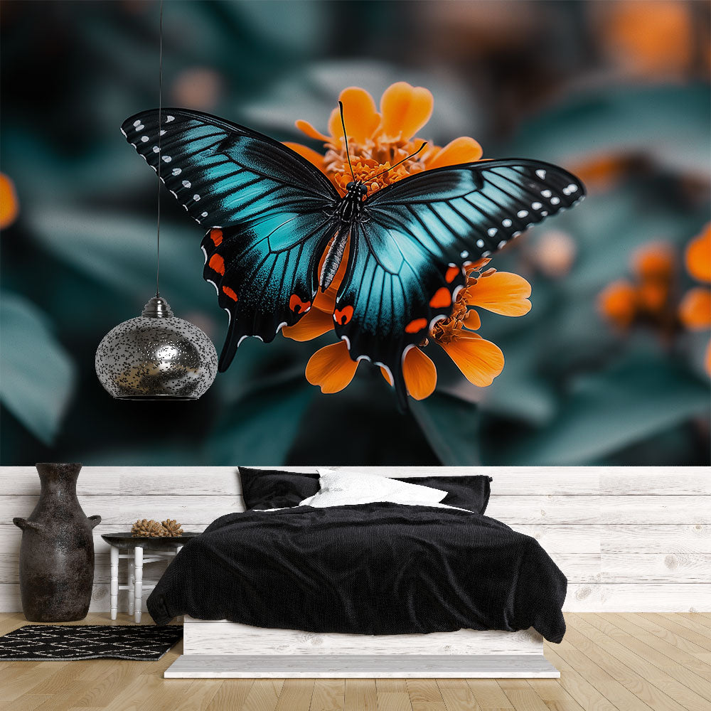 Butterfly wall mural with turquoise wings in modern living room, creating a stunning accent wall with orange and blue tones
